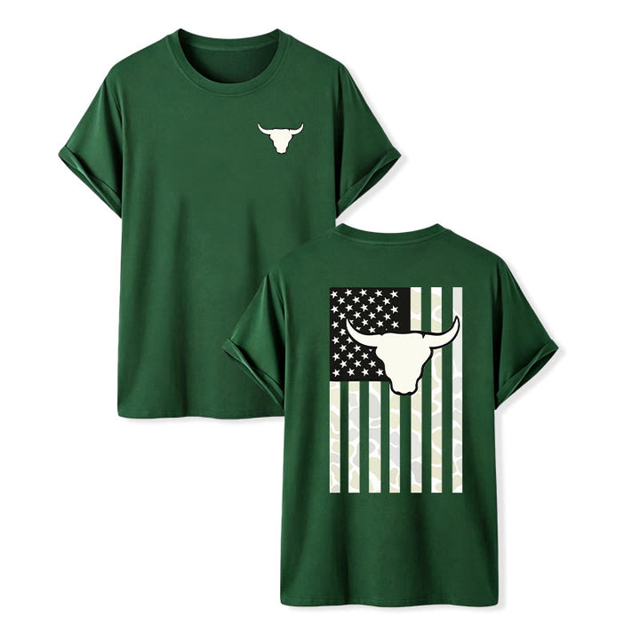 T-shirt patriotique western américain avec crâne de taureau et drapeau américain - Vert foncé - 2XL - image 13