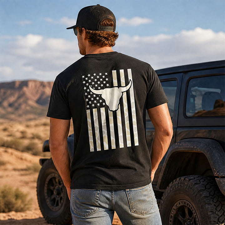 T-shirt patriotique western américain avec crâne de taureau et drapeau américain - image 0