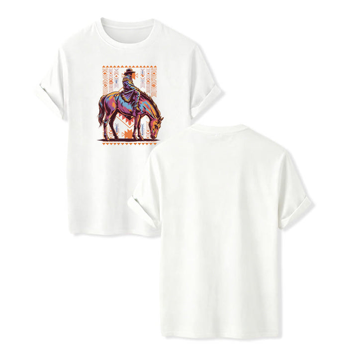 T-shirt western avec imprimé artistique coloré de cavalier aztèque à cheval - Blanc - 2XL - image 7
