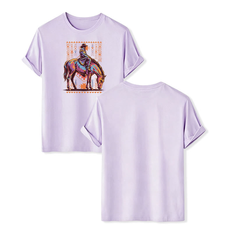 T-shirt western avec imprimé artistique coloré de cavalier aztèque à cheval - Violet - 2XL - image 12