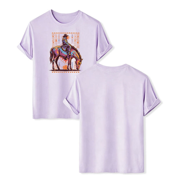 T-shirt western avec imprimé artistique coloré de cavalier aztèque à cheval - Violet - 2XL - image 12