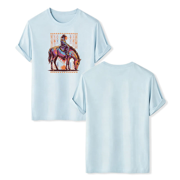 T-shirt western avec imprimé artistique coloré de cavalier aztèque à cheval - Bleu - 2XL - image 10
