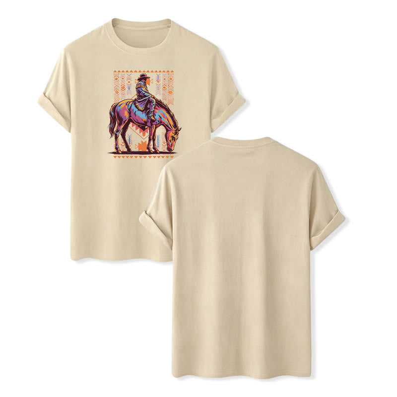 T-shirt western avec imprimé artistique coloré de cavalier aztèque à cheval - Beige - 2XL - image 1