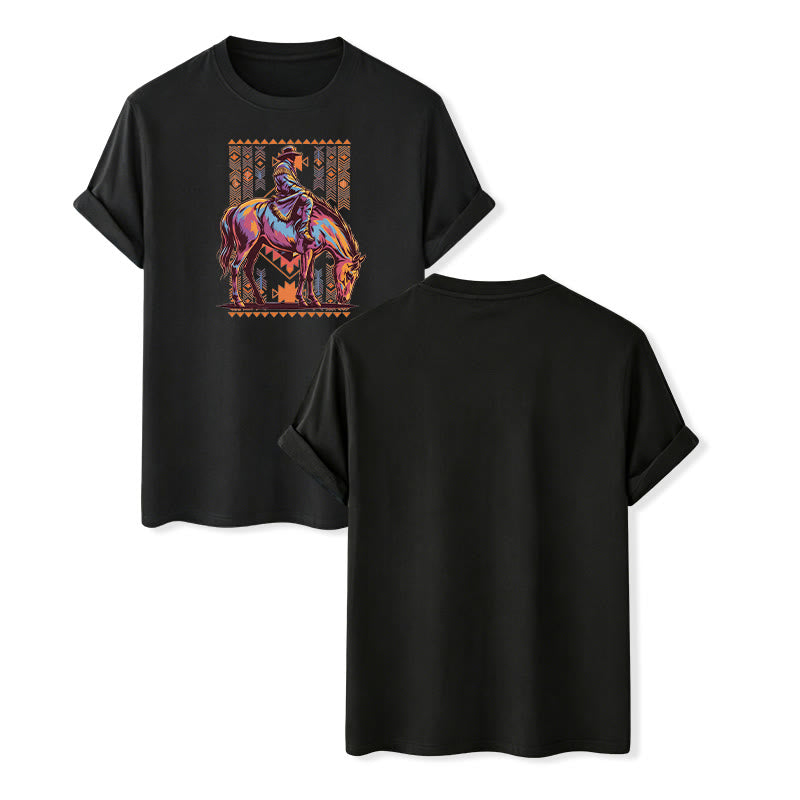 T-shirt western avec imprimé artistique coloré de cavalier aztèque à cheval - Noir - 2XL - image 13