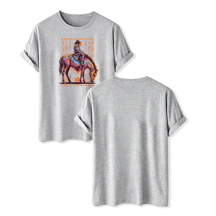T-shirt western avec imprimé artistique coloré de cavalier aztèque à cheval - Gris - 2XL - image 9
