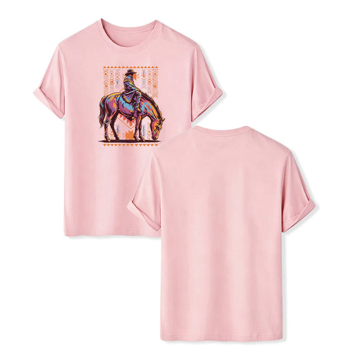 T-shirt western avec imprimé artistique coloré de cavalier aztèque à cheval - Rose - 2XL - image 8