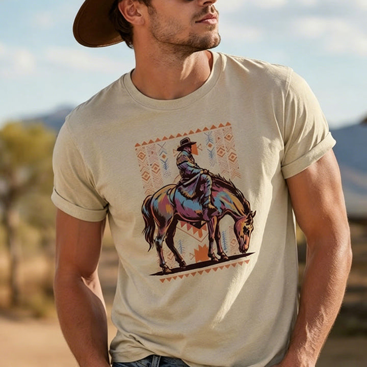 T-shirt western avec imprimé artistique coloré de cavalier aztèque à cheval - image 0