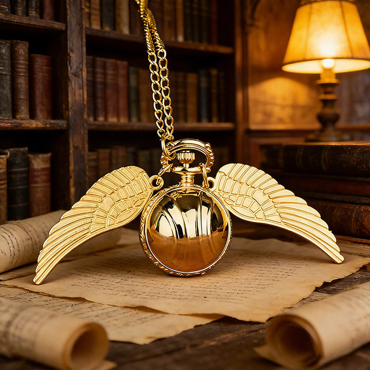 Collier montre de poche à boule ronde ailée dorée - image 1