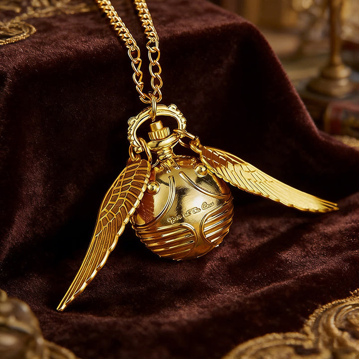 Collier montre de poche à boule ronde ailée dorée - image 2