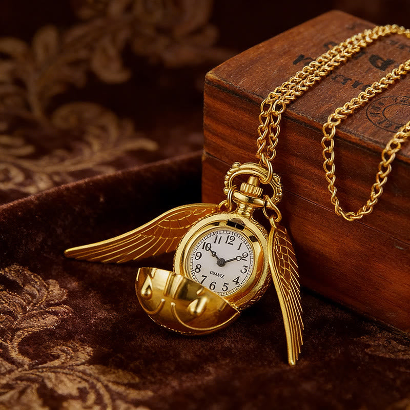 Collier montre de poche à boule ronde ailée dorée - image 3