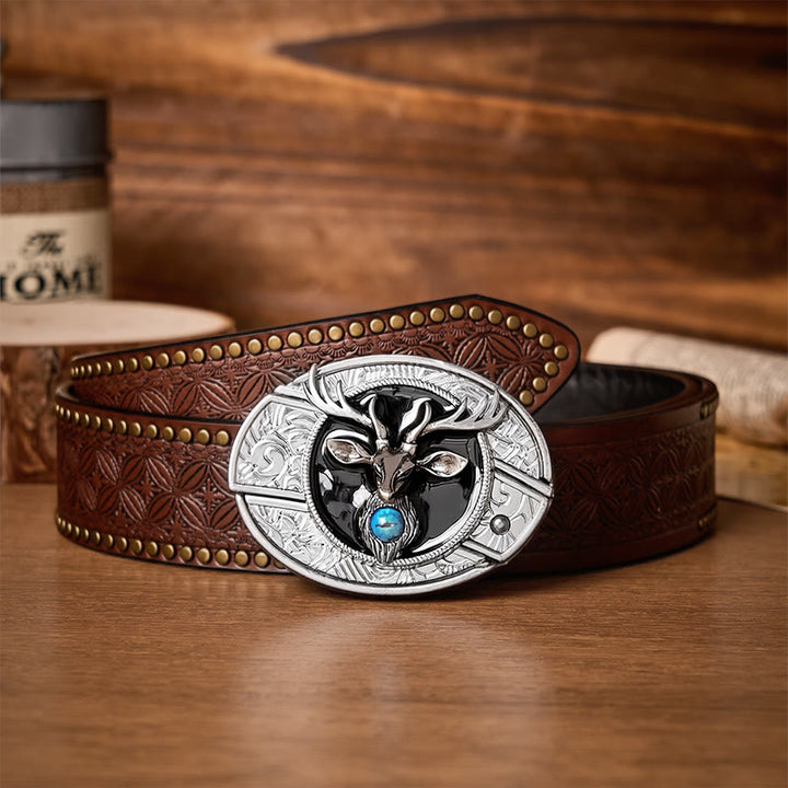Ceinture en cuir avec boucle de couteau pliant dissimulé à tête de cerf mystique - Cerf - Ceinture à rivets marron - 42 - image 4