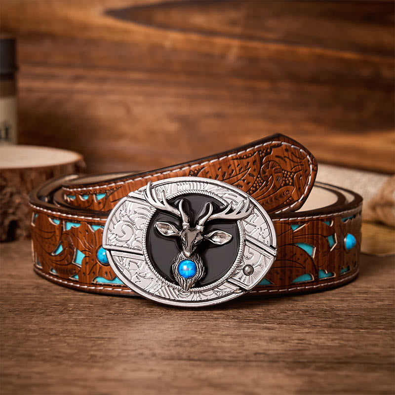 Ceinture en cuir avec boucle de couteau pliant dissimulé à tête de cerf mystique - Cerf - Ceinture turquoise sculptée - 42 - image 3