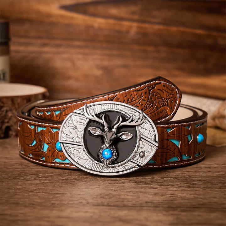 Ceinture en cuir avec boucle de couteau pliant dissimulé à tête de cerf mystique - Cerf - Ceinture turquoise sculptée - 42 - image 3