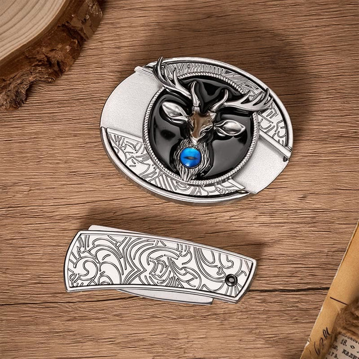 Ceinture en cuir avec boucle de couteau pliant dissimulé à tête de cerf mystique - image 9