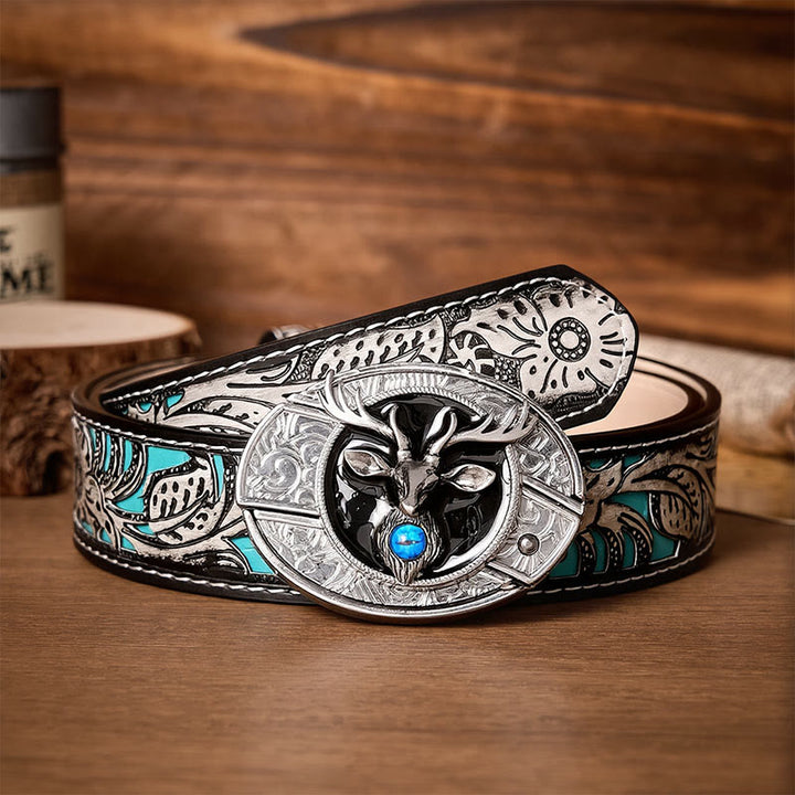 Ceinture en cuir avec boucle de couteau pliant dissimulé à tête de cerf mystique - Cerf - Ceinture à fleurs grises - 42 - image 8