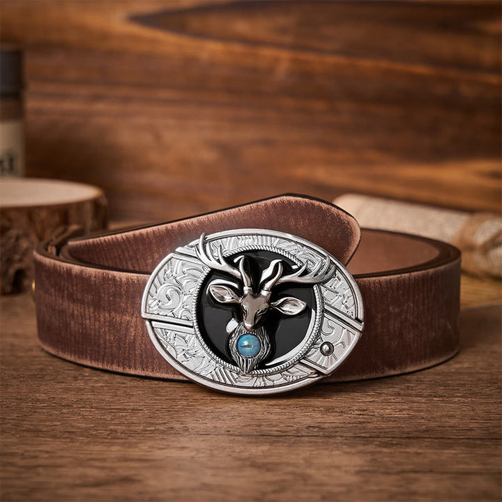 Ceinture en cuir avec boucle de couteau pliant dissimulé à tête de cerf mystique - Cerf - Ceinture marron vieillie - 42 - image 5