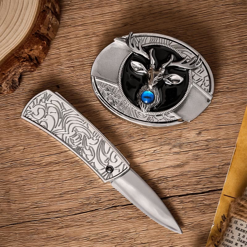 Ceinture en cuir avec boucle de couteau pliant dissimulé à tête de cerf mystique - image 1