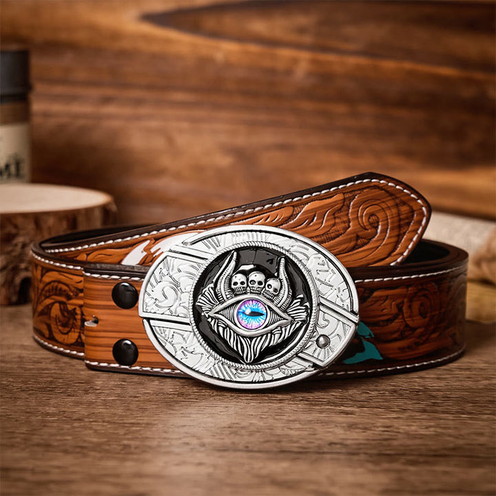 Ceinture en cuir avec boucle de couteau pliant caché à trois têtes de mort et troisième œil, à faire soi-même - Troisième œil - Ceinture de plumes brunes - 40 - image 7
