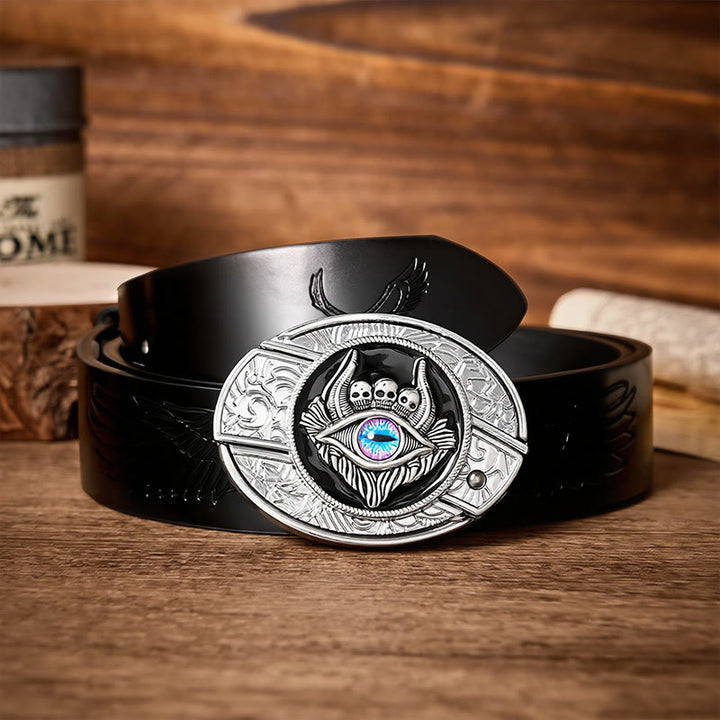 Ceinture en cuir avec boucle de couteau pliant caché à trois têtes de mort et troisième œil, à faire soi-même - Troisième œil - Ceinture noire à motif aigle en relief - 42 - image 2