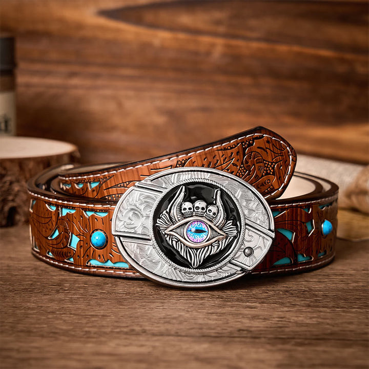Ceinture en cuir avec boucle de couteau pliant caché à trois têtes de mort et troisième œil, à faire soi-même - Troisième œil - Ceinture turquoise sculptée - 42 - image 3