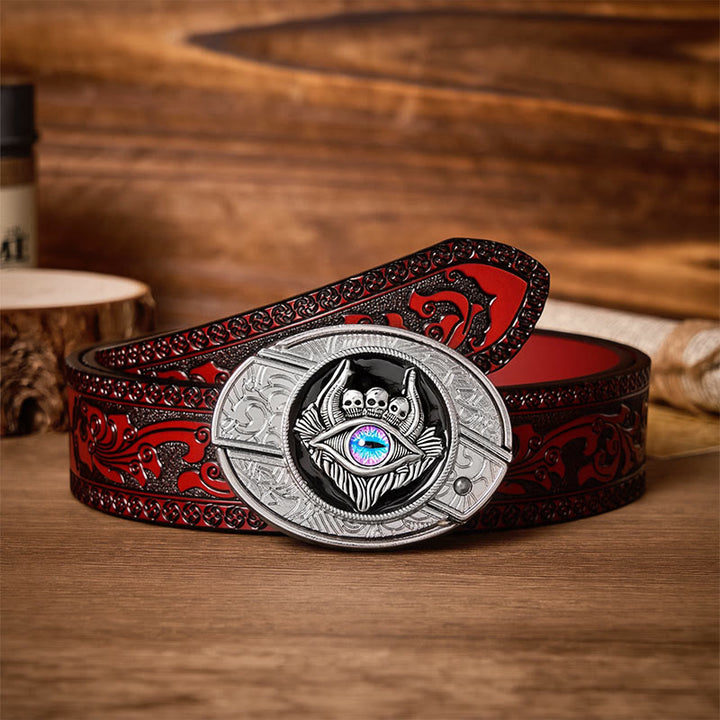 Ceinture en cuir avec boucle de couteau pliant caché à trois têtes de mort et troisième œil, à faire soi-même - Troisième œil - Ceinture sculptée marron - 42 - image 6