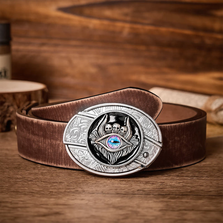 Ceinture en cuir avec boucle de couteau pliant caché à trois têtes de mort et troisième œil, à faire soi-même - Troisième œil - Ceinture marron vieillie - 42 - image 5