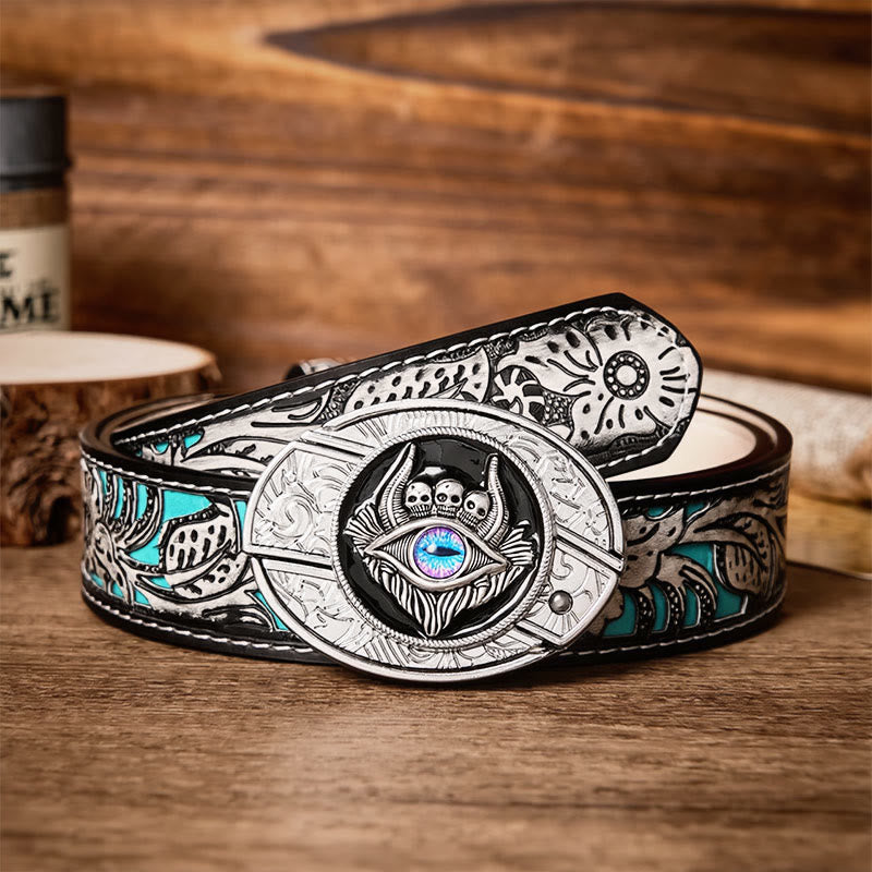 Ceinture en cuir avec boucle de couteau pliant caché à trois têtes de mort et troisième œil, à faire soi-même - Troisième œil - Ceinture à fleurs grises - 42 - image 8