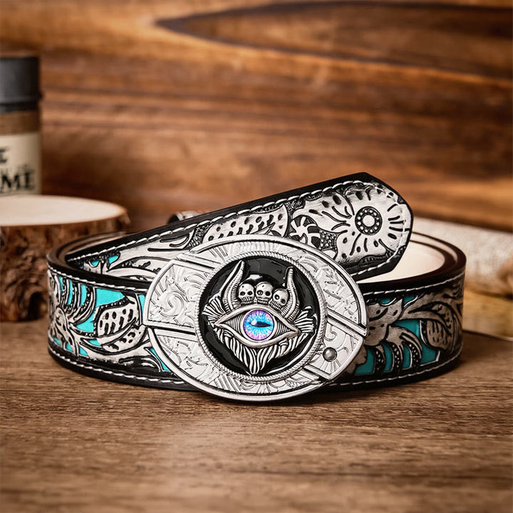 Ceinture en cuir avec boucle de couteau pliant caché à trois têtes de mort et troisième œil, à faire soi-même - Troisième œil - Ceinture à fleurs grises - 42 - image 8