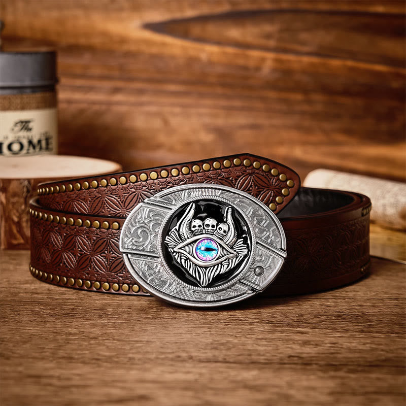 Ceinture en cuir avec boucle de couteau pliant caché à trois têtes de mort et troisième œil, à faire soi-même - Troisième œil - Ceinture à rivets marron - 42 - image 4