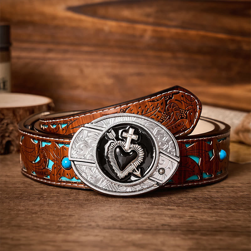 Boucle de couteau pliant dissimulé en émail noir en forme de cœur et de flèche (à monter soi-même) - Ceinture en cuir - Croix et cœur - Ceinture turquoise sculptée - 42 - image 3