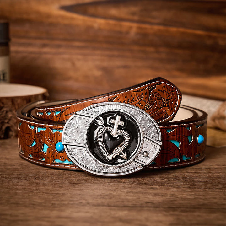 Boucle de couteau pliant dissimulé en émail noir en forme de cœur et de flèche (à monter soi-même) - Ceinture en cuir - Croix et cœur - Ceinture turquoise sculptée - 42 - image 3