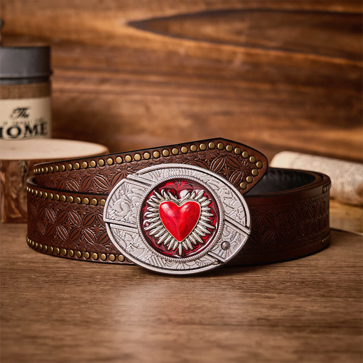 Ceinture en cuir avec boucle de couteau pliant dissimulée à l'effigie du Sacré-Cœur flamboyant - Cœur flamboyant - Ceinture à rivets marron - 42 - image 4
