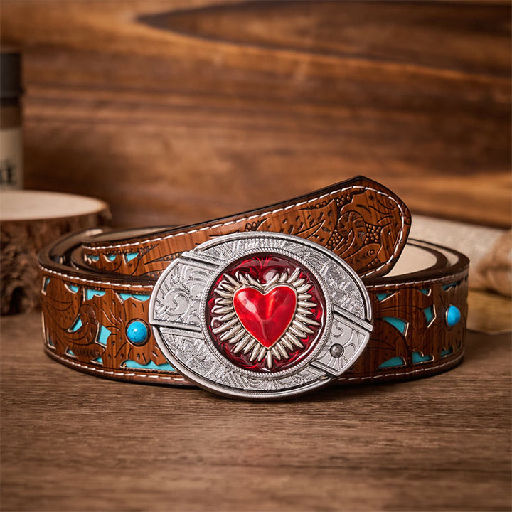 Ceinture en cuir avec boucle de couteau pliant dissimulée à l'effigie du Sacré-Cœur flamboyant - Cœur flamboyant - Ceinture turquoise sculptée - 42 - image 3