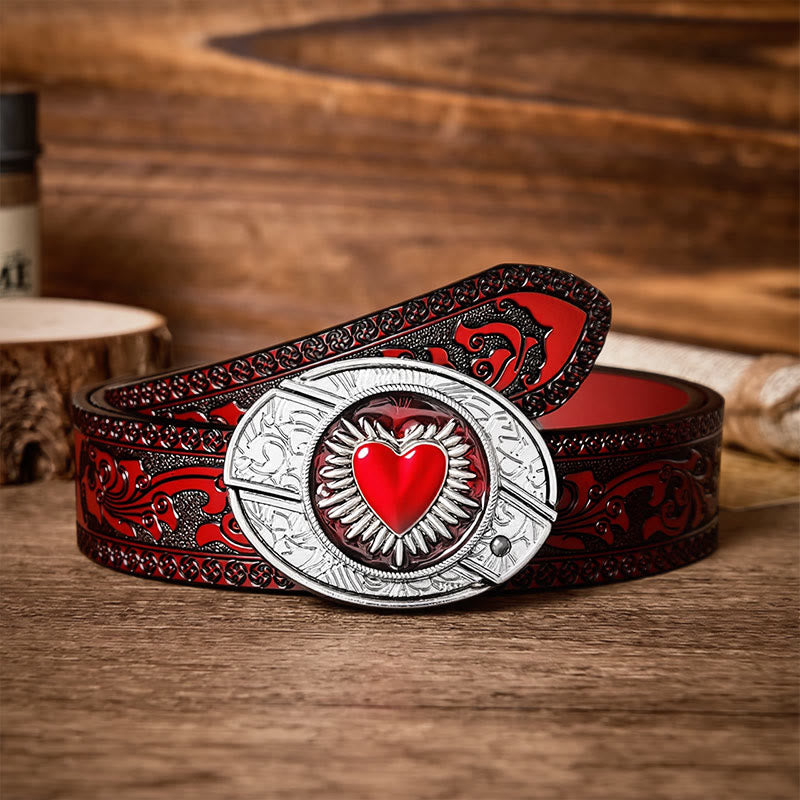 Ceinture en cuir avec boucle de couteau pliant dissimulée à l'effigie du Sacré-Cœur flamboyant - Cœur flamboyant - Ceinture sculptée marron - 42 - image 6