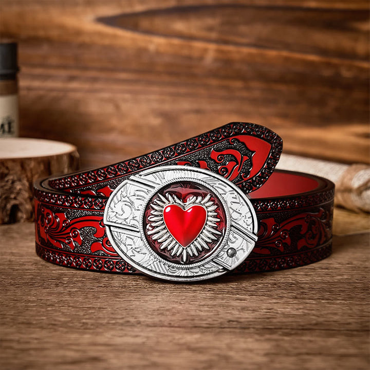 Ceinture en cuir avec boucle de couteau pliant dissimulée à l'effigie du Sacré-Cœur flamboyant - Cœur flamboyant - Ceinture sculptée marron - 42 - image 6