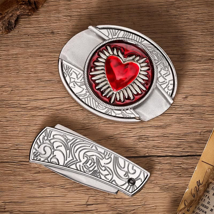 Ceinture en cuir avec boucle de couteau pliant dissimulée à l'effigie du Sacré-Cœur flamboyant - image 10