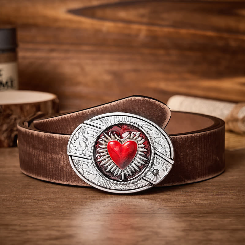 Ceinture en cuir avec boucle de couteau pliant dissimulée à l'effigie du Sacré-Cœur flamboyant - Cœur flamboyant - Ceinture marron vieillie - 42 - image 5