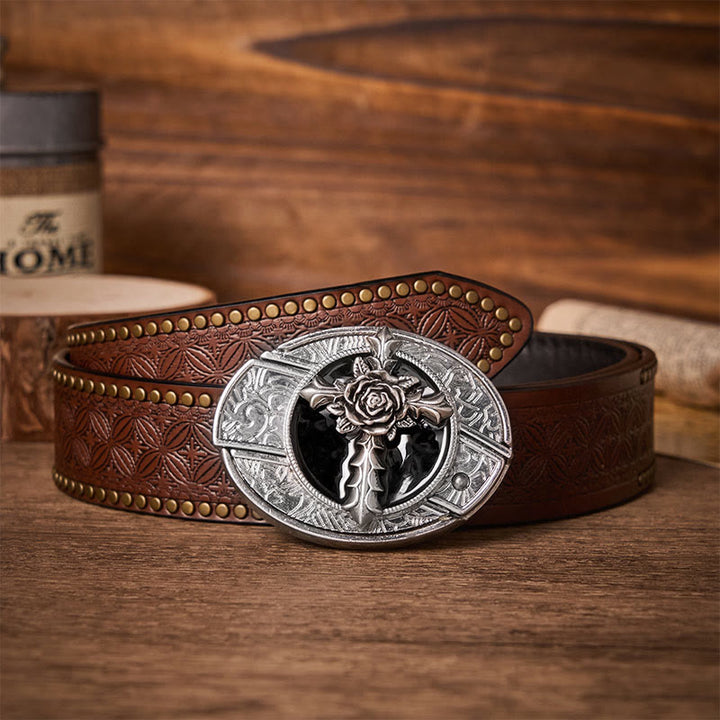 Ceinture en cuir avec boucle de couteau pliant dissimulée à faire soi-même, motif croix rose noire - Rose Cross - Ceinture à rivets marron - 42 - image 4