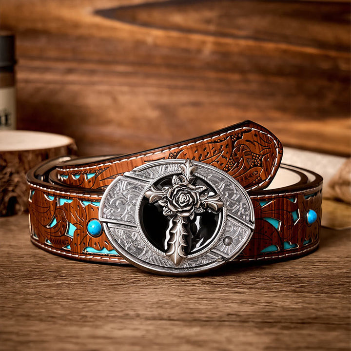 Ceinture en cuir avec boucle de couteau pliant dissimulée à faire soi-même, motif croix rose noire - Rose Cross - Ceinture turquoise sculptée - 42 - image 3