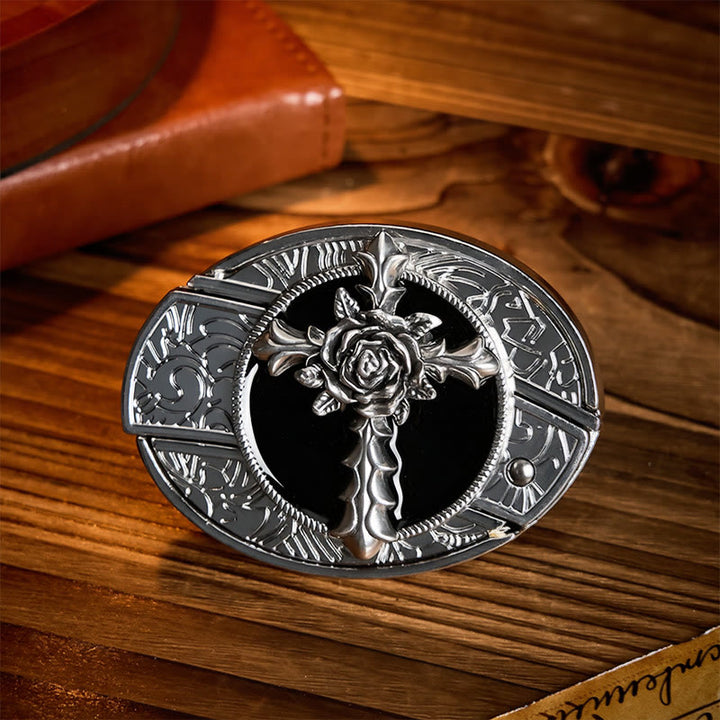 Ceinture en cuir avec boucle de couteau pliant dissimulée à faire soi-même, motif croix rose noire - Rose Cross - Sans ceinture - Ceinture non incluse - image 0