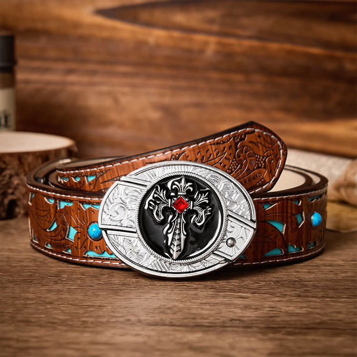Ceinture en cuir avec boucle de couteau pliant dissimulée, style gothique victorien, croix et bricolage - Croix victorienne - Ceinture turquoise sculptée - 42 - image 3