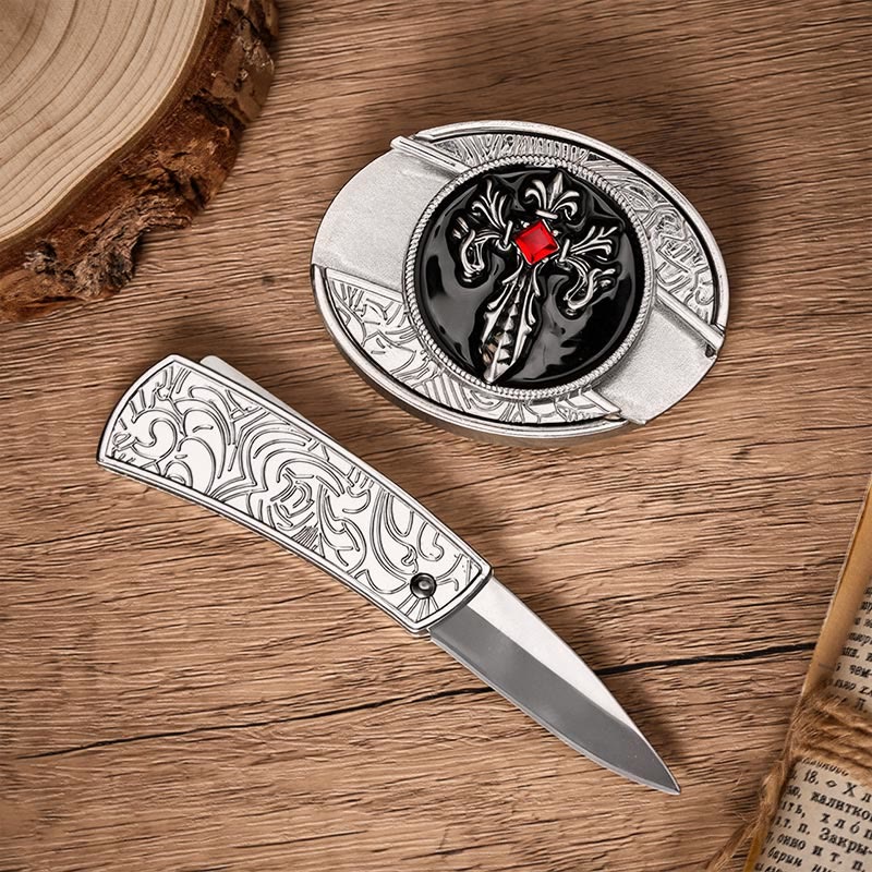 Ceinture en cuir avec boucle de couteau pliant dissimulée, style gothique victorien, croix et bricolage - image 1