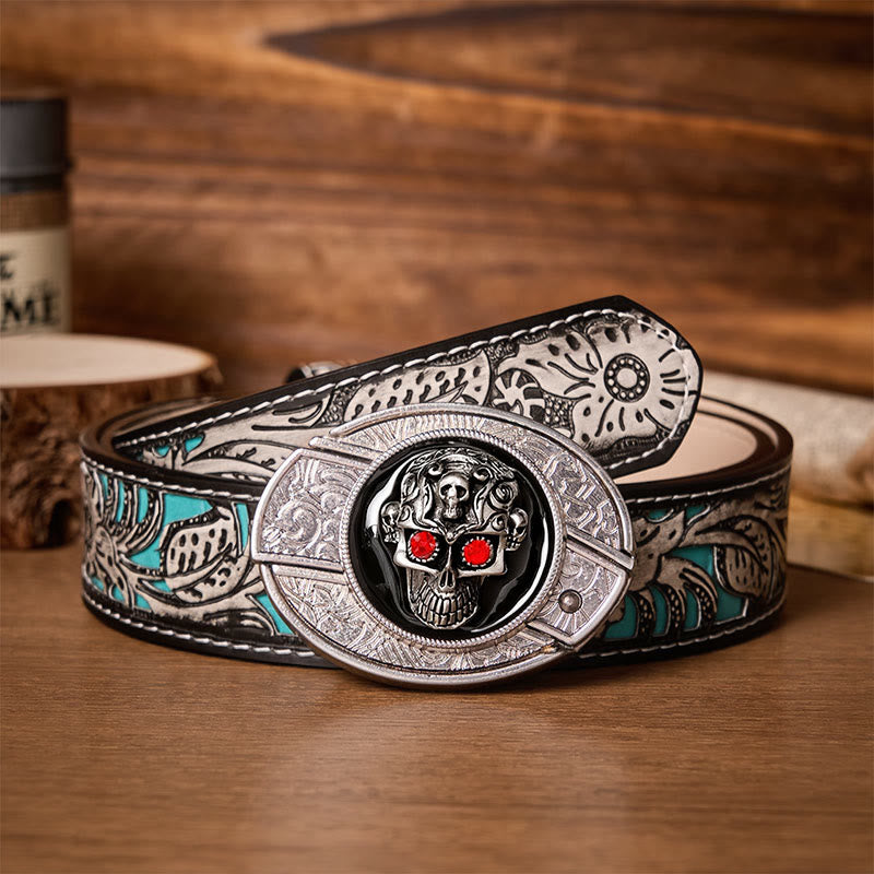 Ceinture en cuir avec boucle de couteau pliant caché à motif de crâne de démon aux yeux rouges - Crâne aux yeux rouges - Ceinture à fleurs grises - 42 - image 8