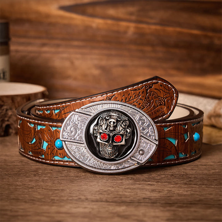 Ceinture en cuir avec boucle de couteau pliant caché à motif de crâne de démon aux yeux rouges - Crâne aux yeux rouges - Ceinture turquoise sculptée - 42 - image 3