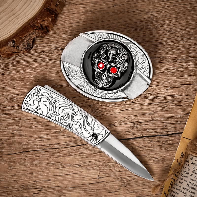 Ceinture en cuir avec boucle de couteau pliant caché à motif de crâne de démon aux yeux rouges - image 1