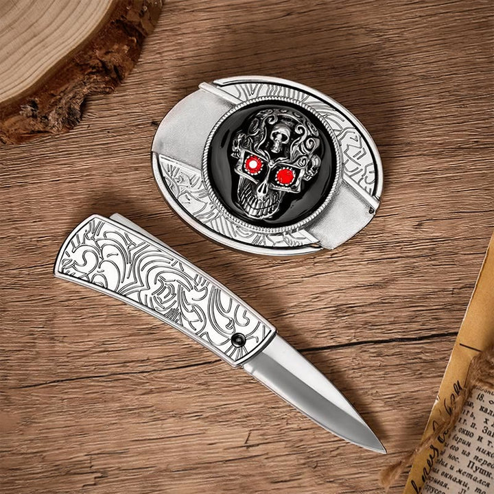 Ceinture en cuir avec boucle de couteau pliant caché à motif de crâne de démon aux yeux rouges - image 1