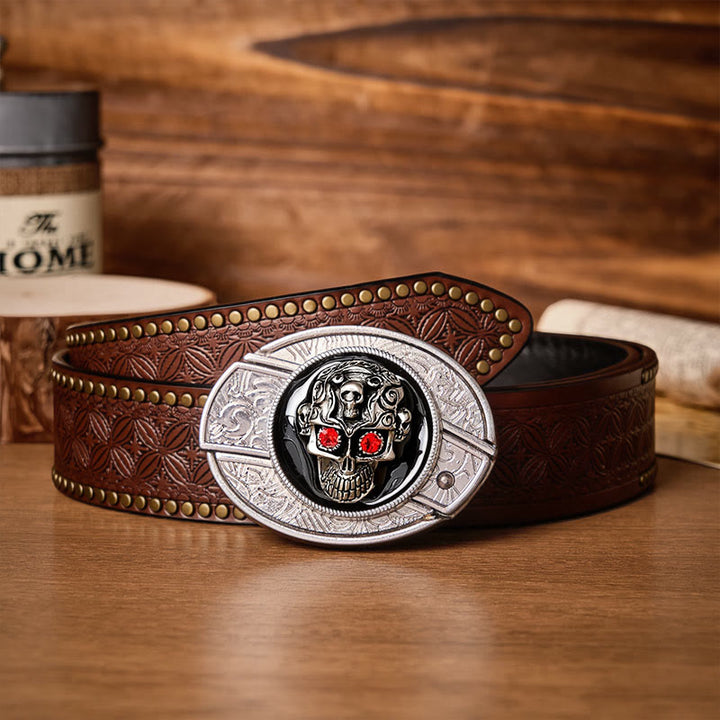 Ceinture en cuir avec boucle de couteau pliant caché à motif de crâne de démon aux yeux rouges - Crâne aux yeux rouges - Ceinture à rivets marron - 42 - image 4