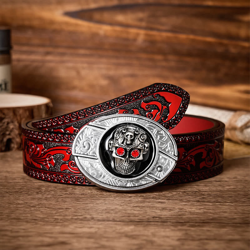 Ceinture en cuir avec boucle de couteau pliant caché à motif de crâne de démon aux yeux rouges - Crâne aux yeux rouges - Ceinture sculptée marron - 42 - image 6