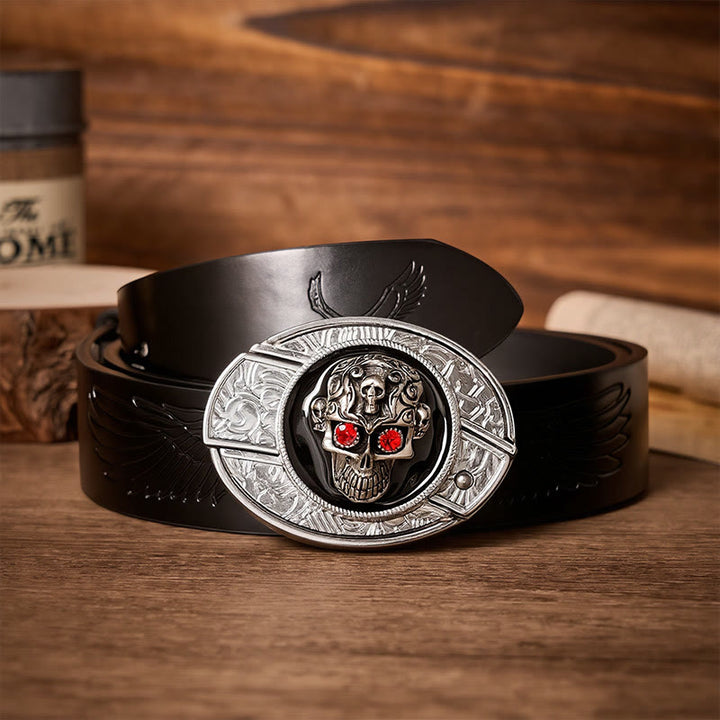 Ceinture en cuir avec boucle de couteau pliant caché à motif de crâne de démon aux yeux rouges - Crâne aux yeux rouges - Ceinture noire à motif aigle en relief - 42 - image 2