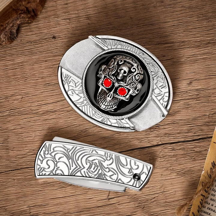 Ceinture en cuir avec boucle de couteau pliant caché à motif de crâne de démon aux yeux rouges - image 10